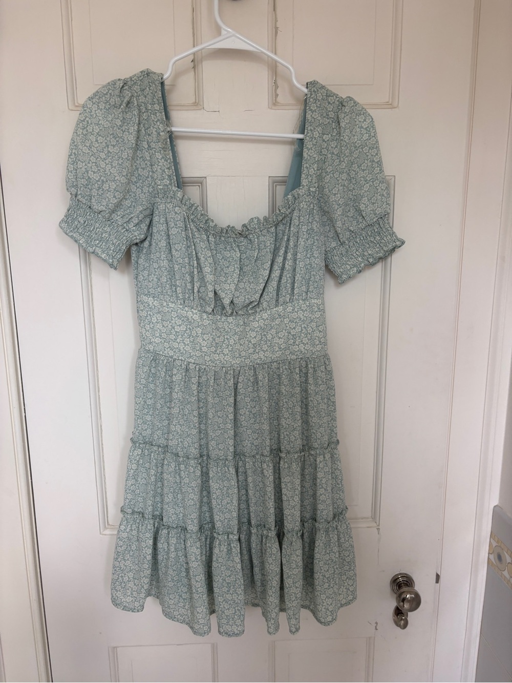 Altar'd State Sage Green Floral Tiered Puff Sleeve Mini Dress